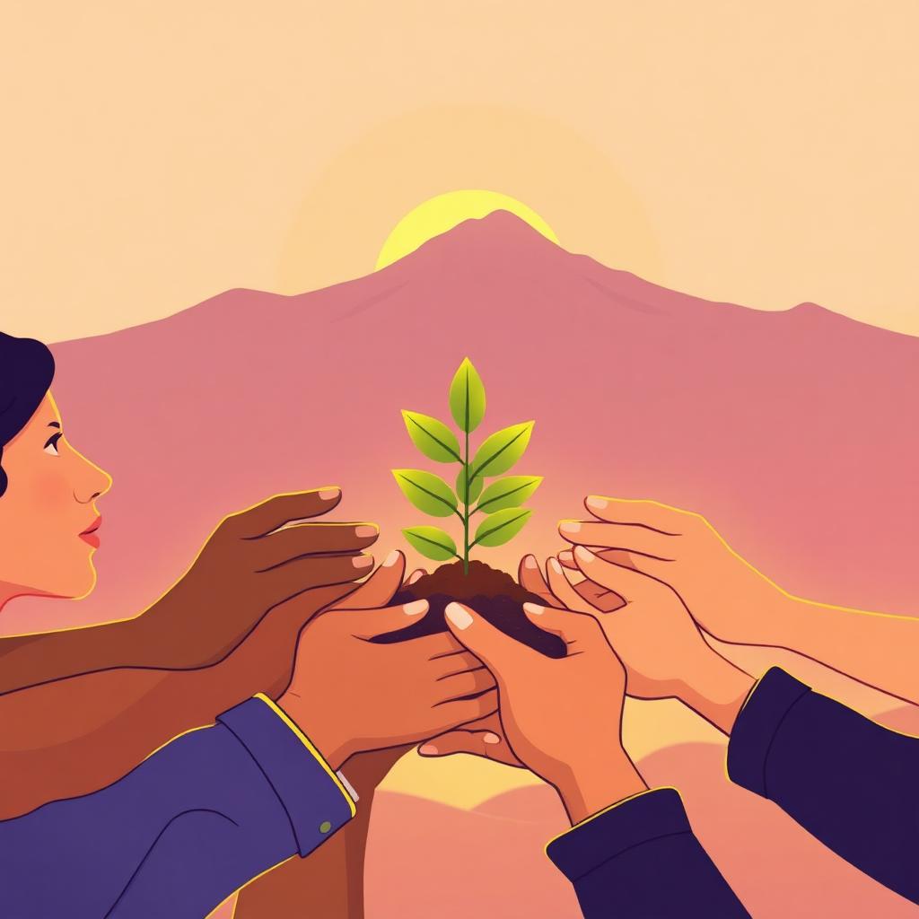 Manos unidas sosteniendo una planta, símbolo de colaboración y esperanza para la recuperación de Venezuela