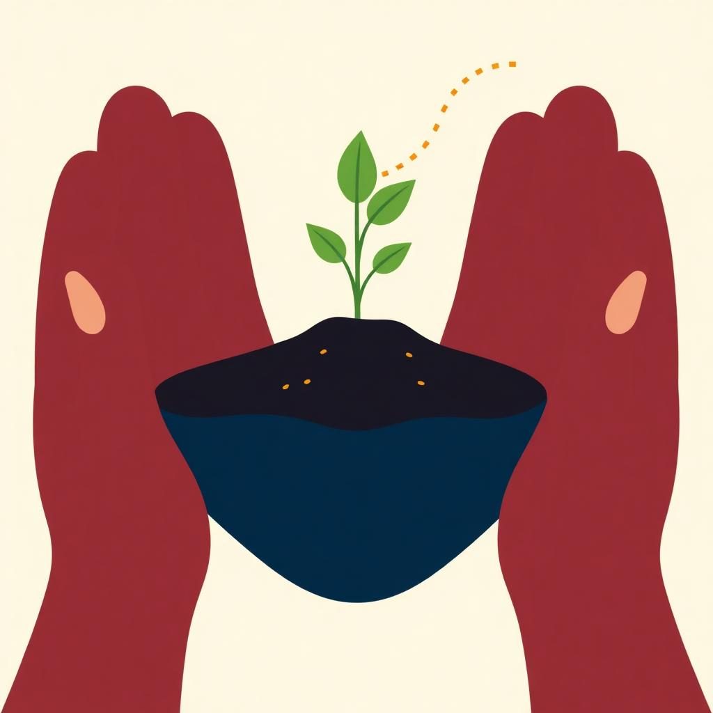 Ilustración de dos manos cuidando una planta en crecimiento, símbolo de acompañamiento y aprendizaje